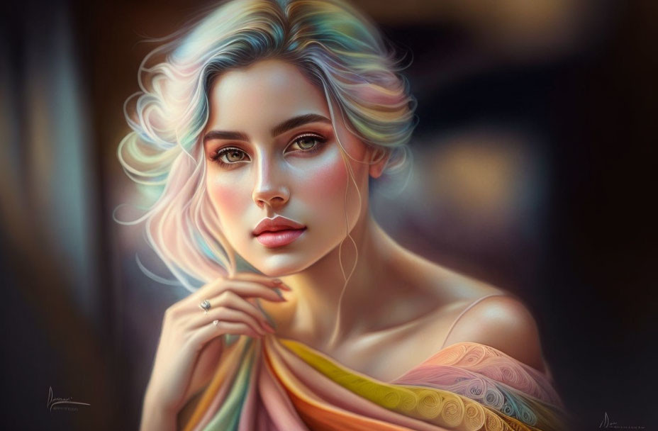 Pastel-haired woman in vibrant garment with mesmerizing eyes