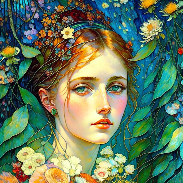 Detailed portrait of woman with floral crown and vibrant blue-green foliage and flowers