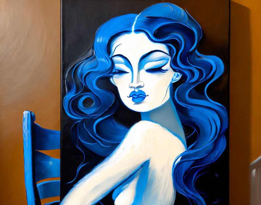 Stylized woman with flowing blue hair and closed eyes in vibrant painting