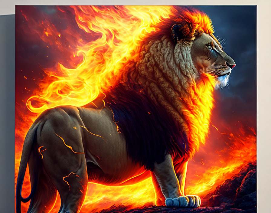 Majestic lion with fiery mane on rocky terrain