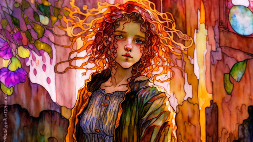 Young girl with red curly hair in surreal colorful setting