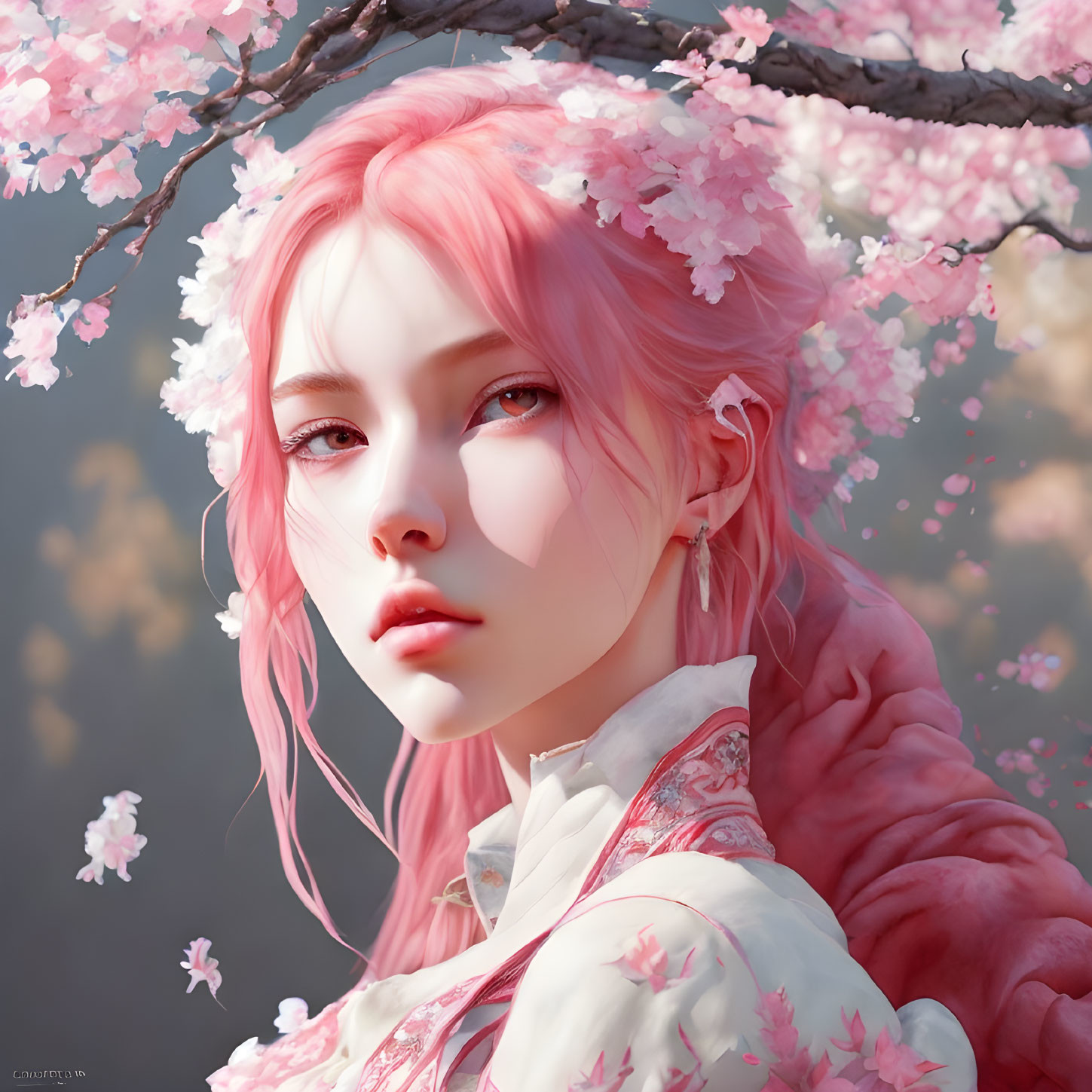 Digital artwork of person with pink hair under cherry blossom tree in traditional attire