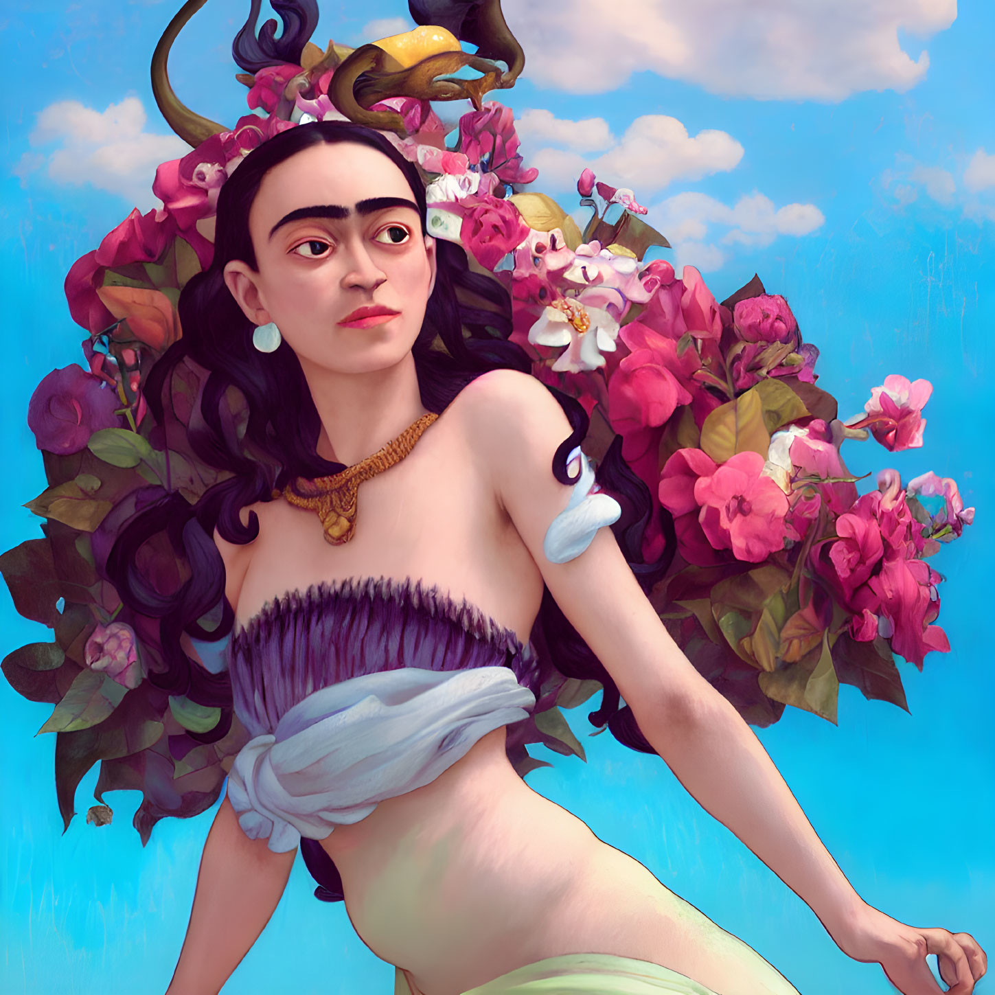 Stylized portrait of woman with unibrow, flowers, bird, blue sky