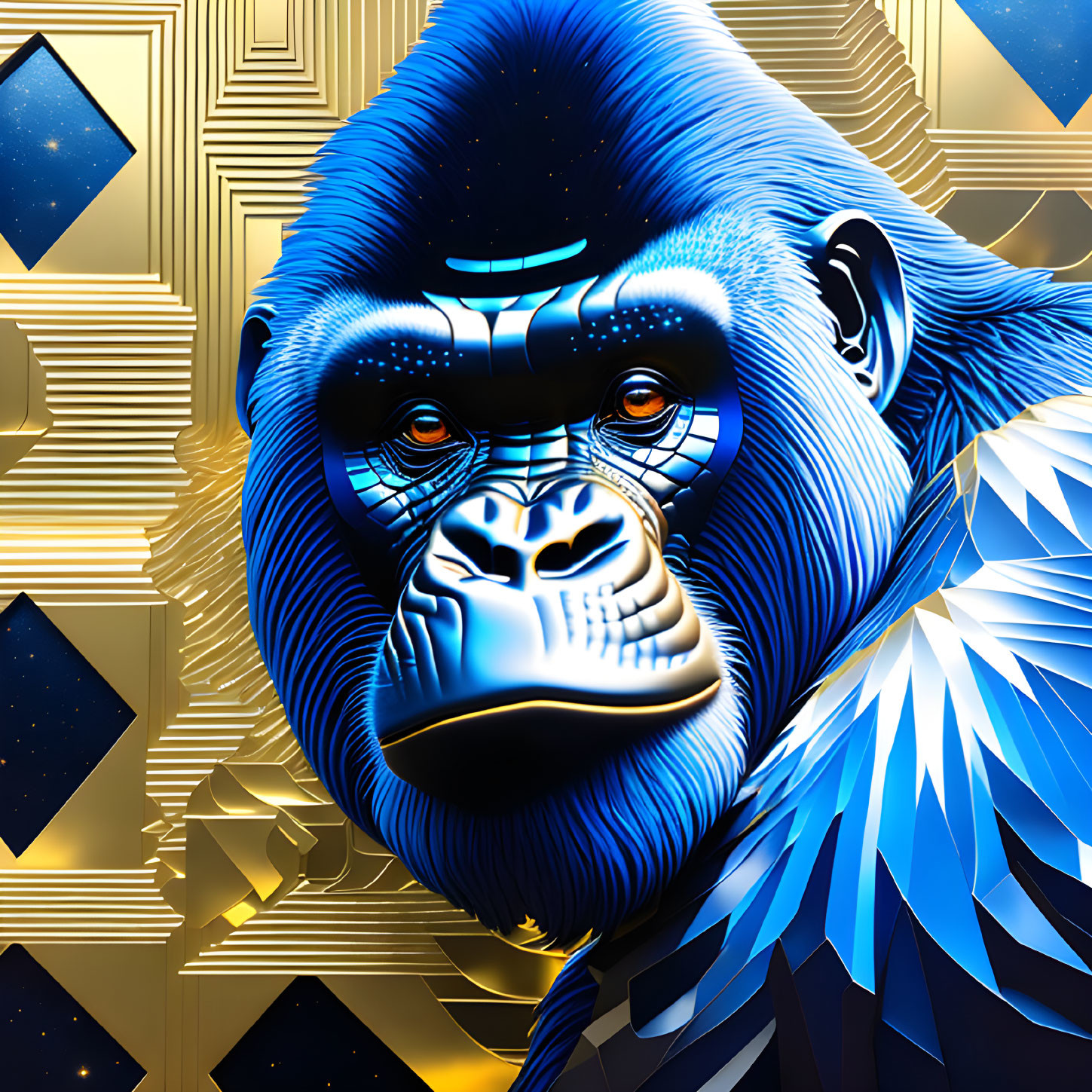 Colorful digital artwork of a blue gorilla with intricate patterns on a golden geometric backdrop