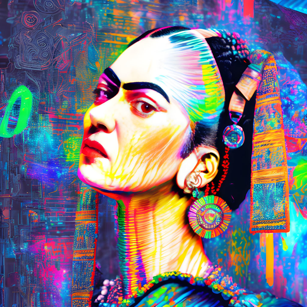 Colorful Psychedelic Portrait with Traditional Attire on Abstract Digital Background