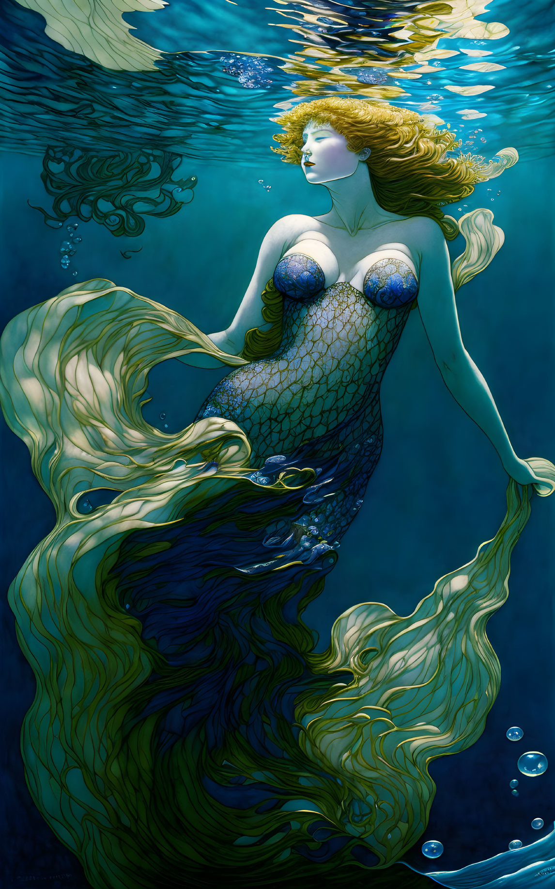 Ethereal underwater scene: golden-haired mermaid with green tail, illuminated by sunlight