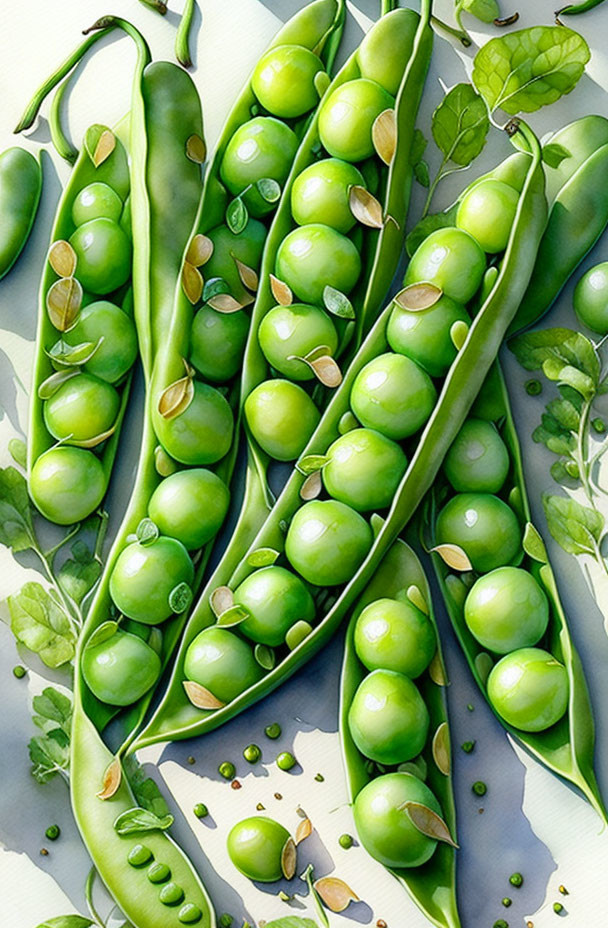 Fresh Green Peas in Pods with Leaves on Light Background