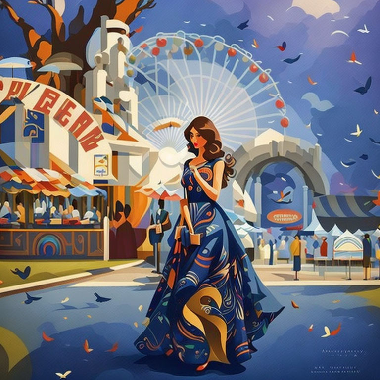 Illustration of woman in blue dress at vibrant fairground