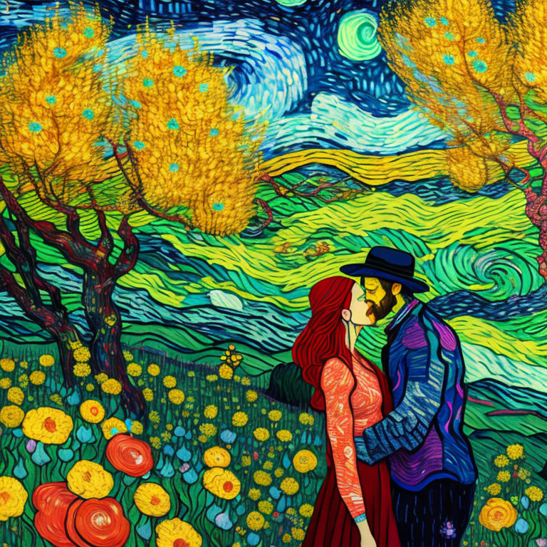 Vibrant Van Gogh-inspired painting of couple embracing under starry sky