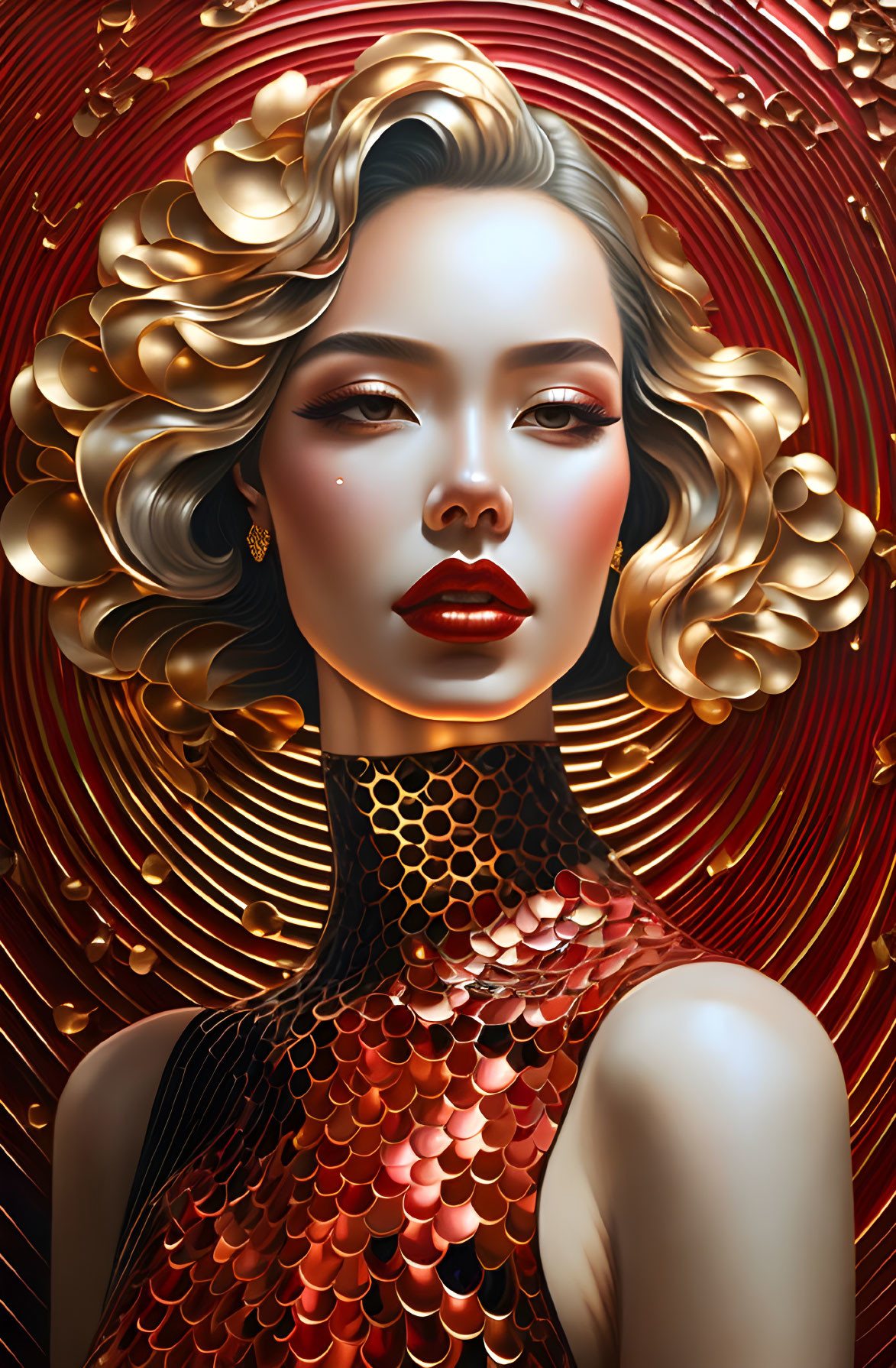 Illustrated portrait of a woman with golden curls and honeycomb dress on red background