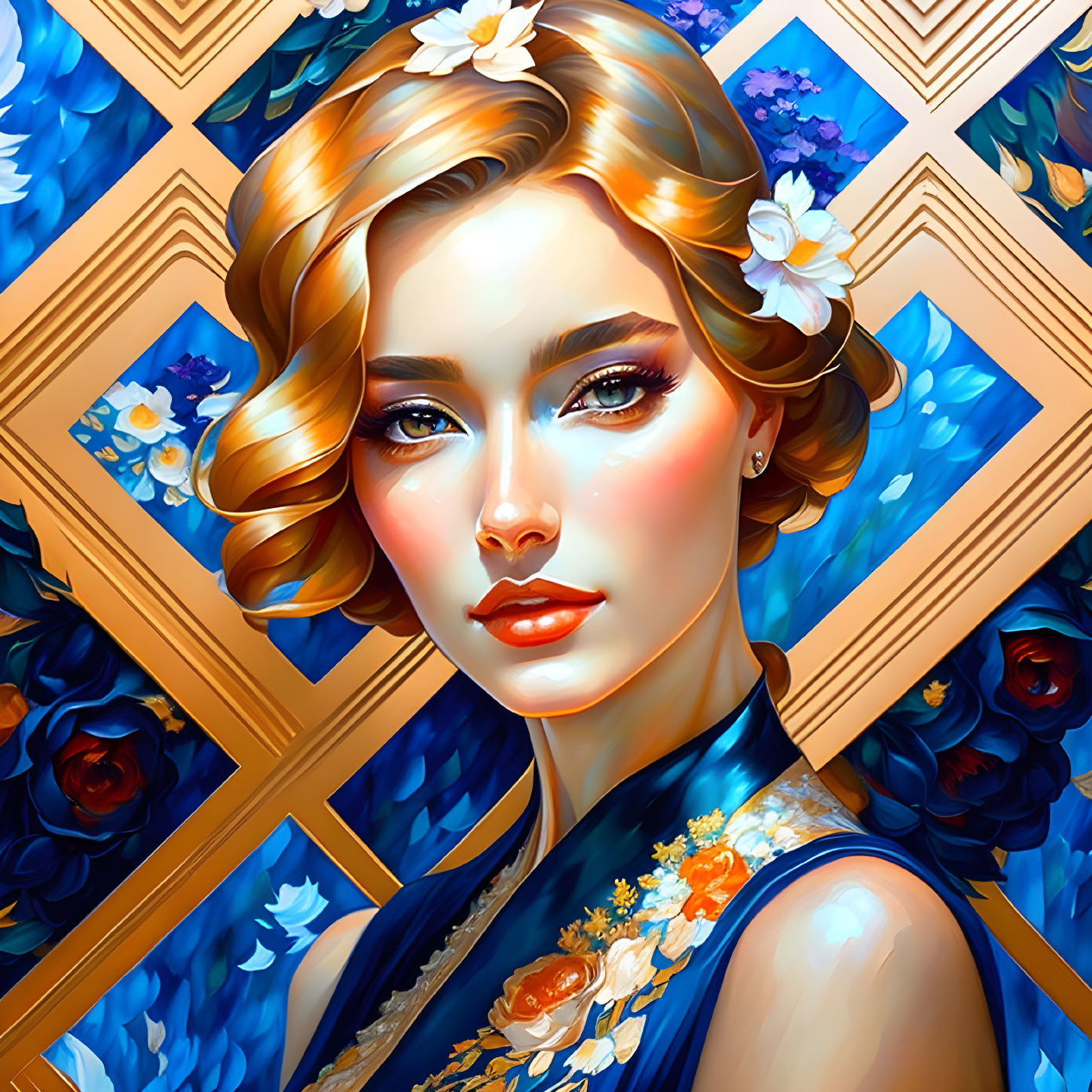 Vibrant illustration: woman with golden hair and blue flowers