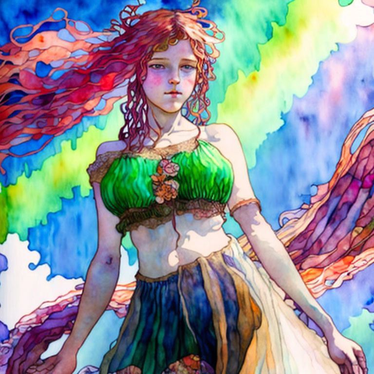 Colorful Illustration of Woman with Red Hair and Rainbow Background