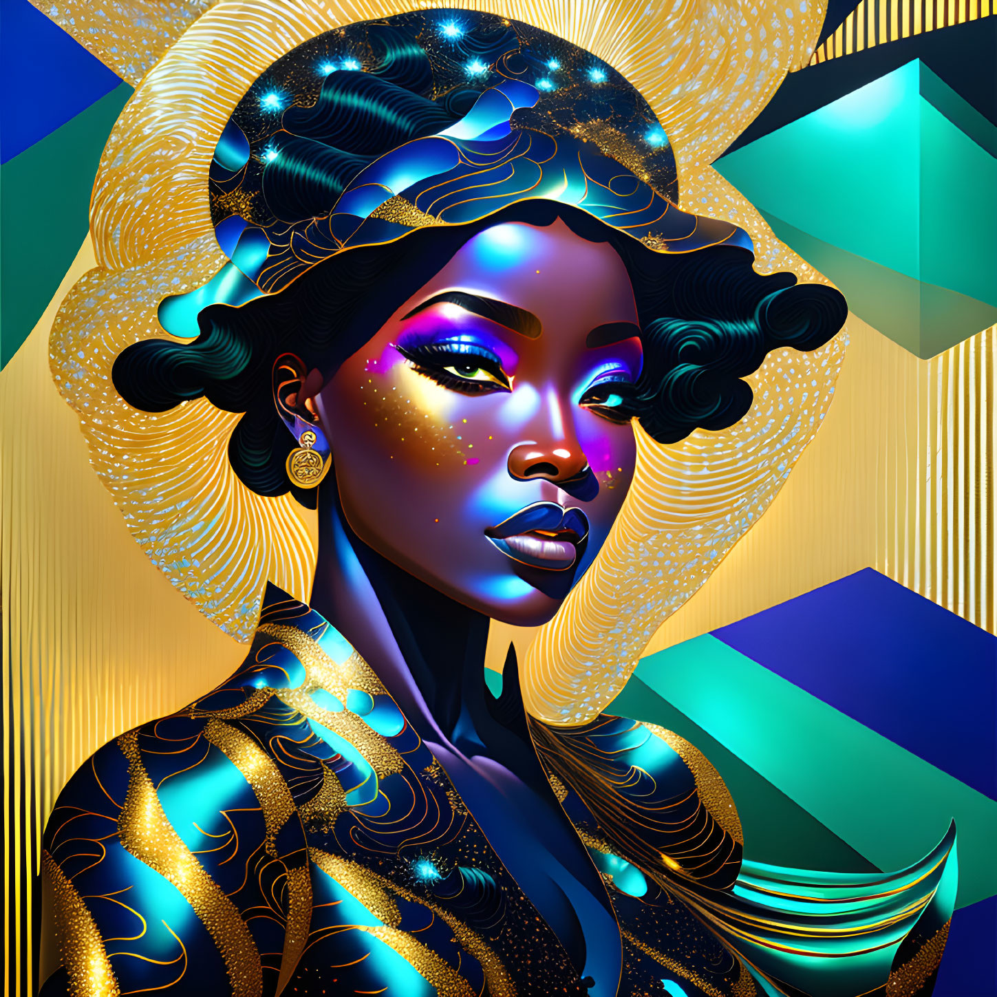 Digital art: Woman with cosmic skin, geometric shapes, and golden patterns.