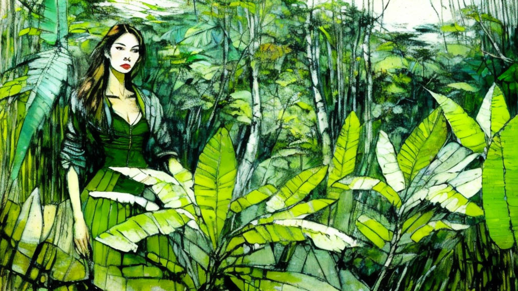 Stylized illustration of woman in green foliage with forest backdrop