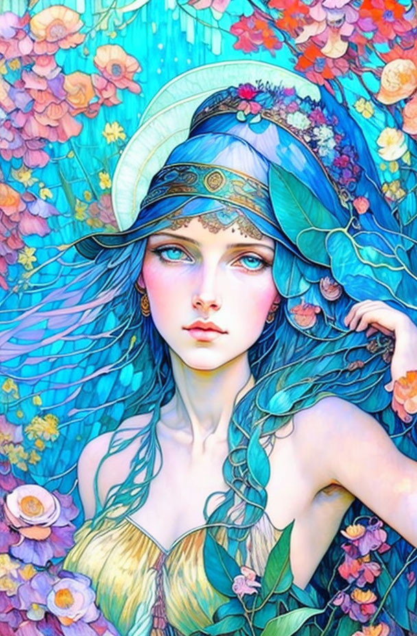 Illustration: Woman with Blue Hair and Floral Headpiece in Colorful Flora