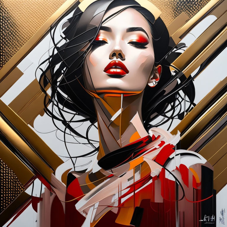 Stylized portrait of woman with bold makeup and abstract golden elements