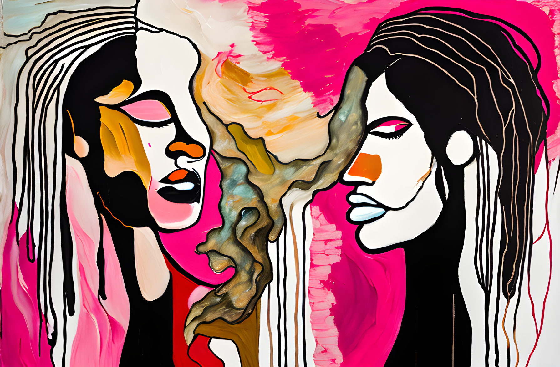 Abstract Painting: Stylized Female Faces in Pink, Black, Orange Colors