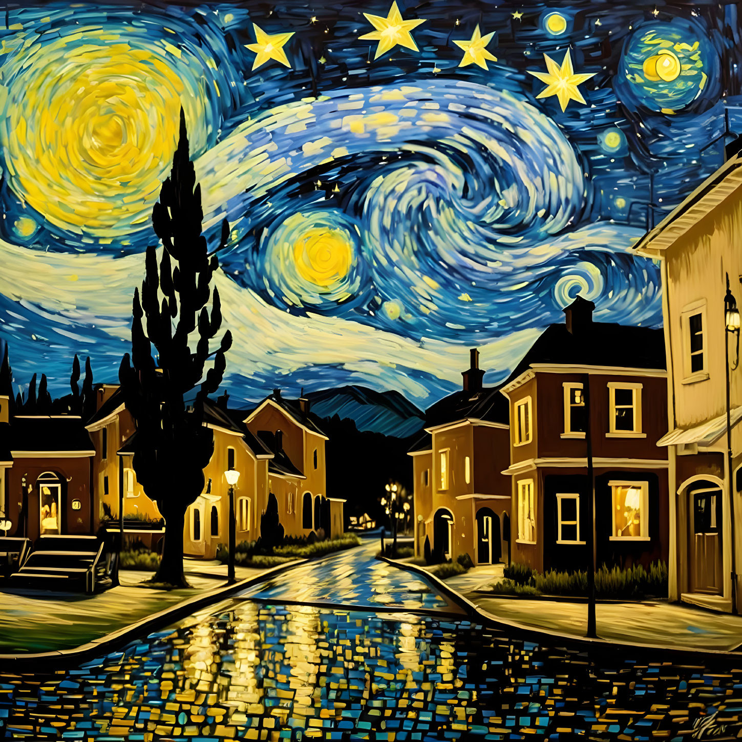 Vibrant painting of starry night sky over quiet village