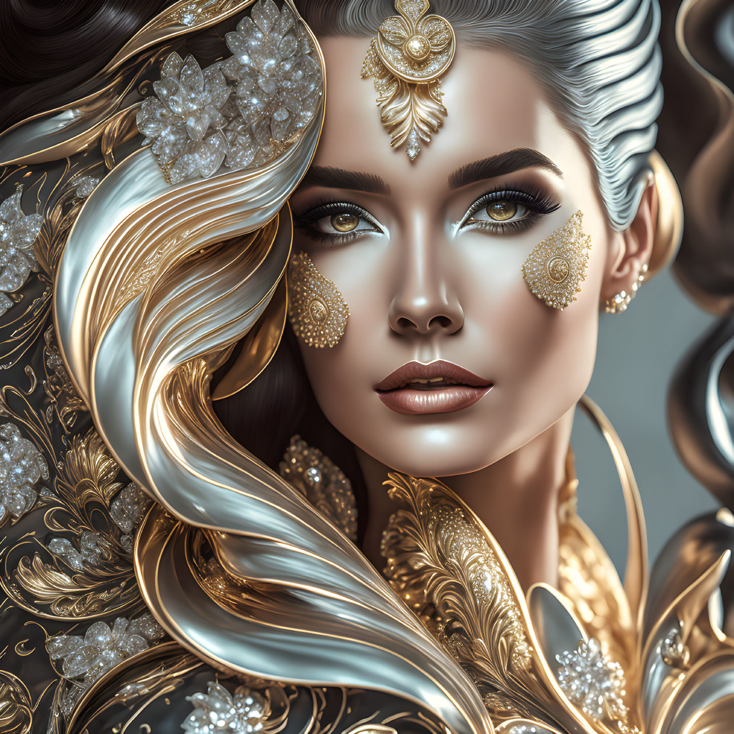 Woman with ornate gold jewelry, elaborate hairstyle, and striking makeup in elegant fantasy illustration