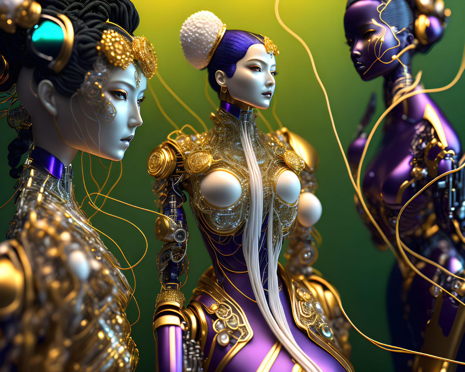 Three ornate futuristic female figures in gold accessories on gradient background.