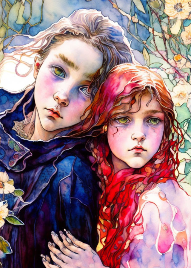 Colorful Characters with Wavy Hair in Floral Watercolor Scene