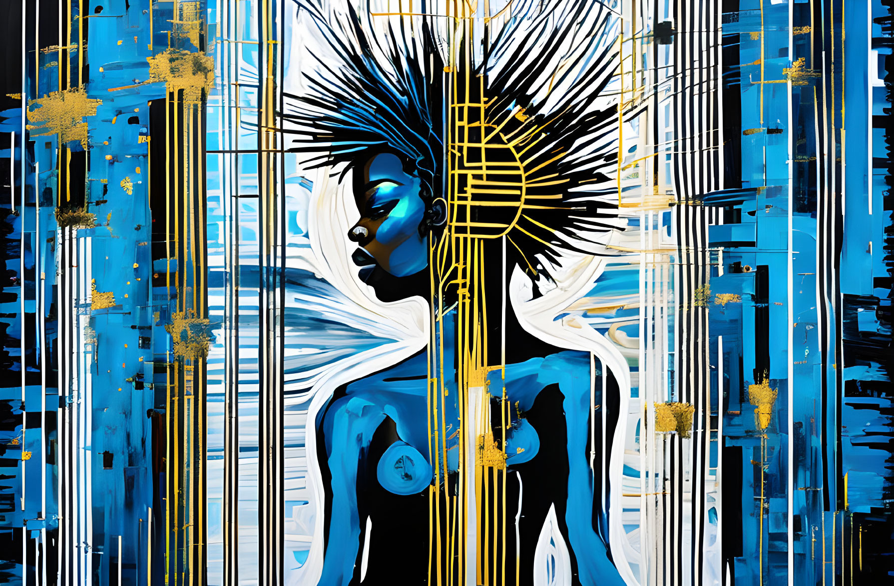 Colorful abstract artwork of a woman with exaggerated hair on blue and gold backdrop