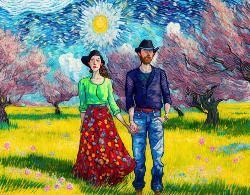 Colorful Expressionist Painting of Man and Woman in Floral Landscape