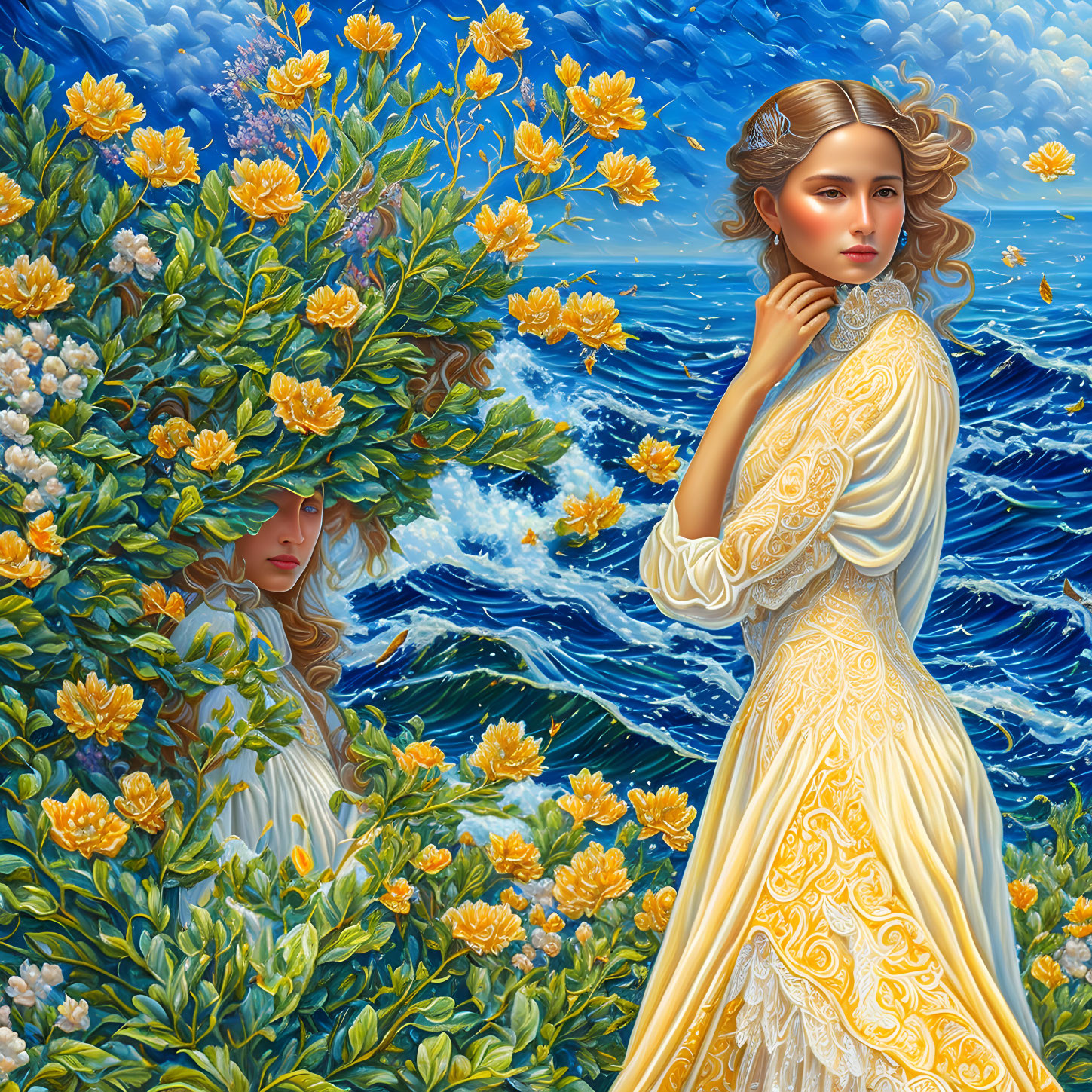 Artistic depiction of two women with floral motifs in a sea-themed setting.