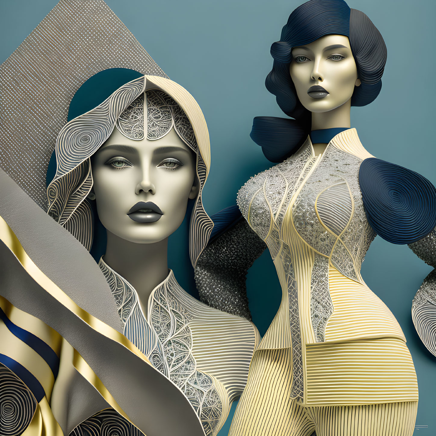 Abstract art: Stylized female figures in geometric-patterned clothing on cool-toned backdrop