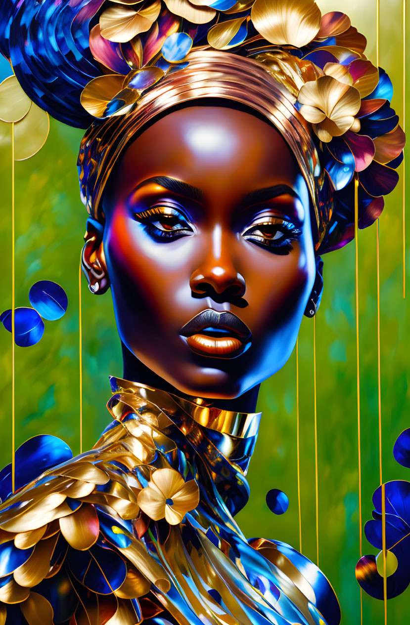 Digital Art: African Woman with Golden Floral Adornments