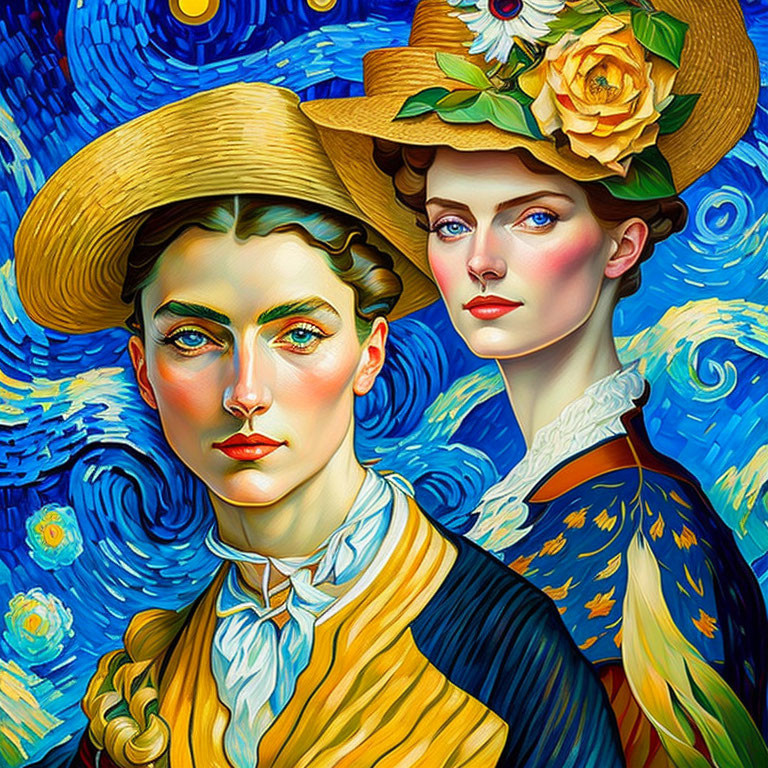 Two women with blue eyes in vintage hats against Van Gogh-style background