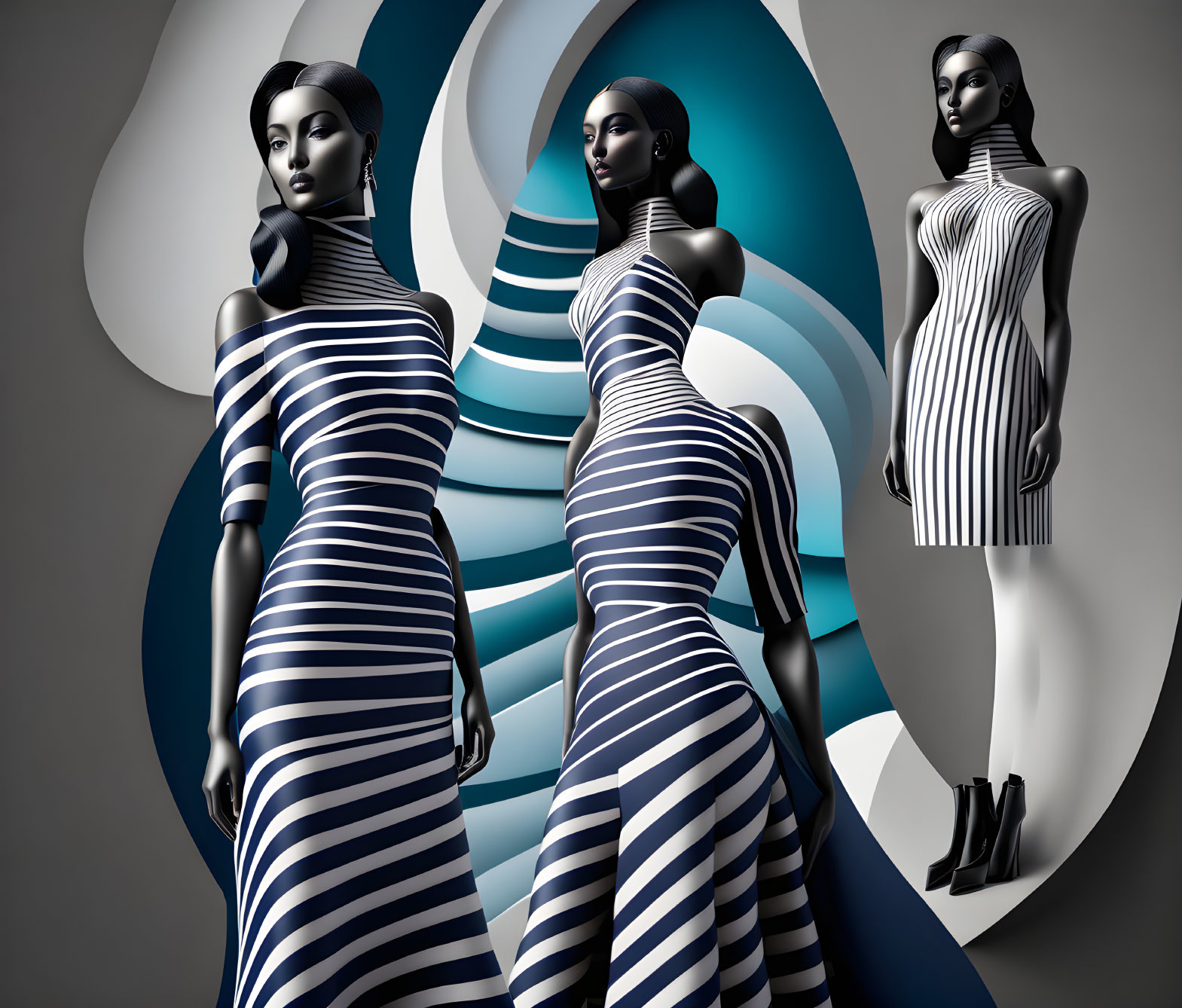 Fashion mannequins in striped dresses with abstract spiral shapes in monochrome setting