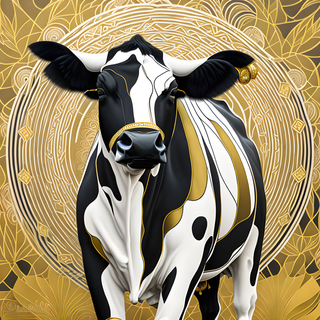 Black and White Cow Illustration with Golden Ornaments on Ornate Background