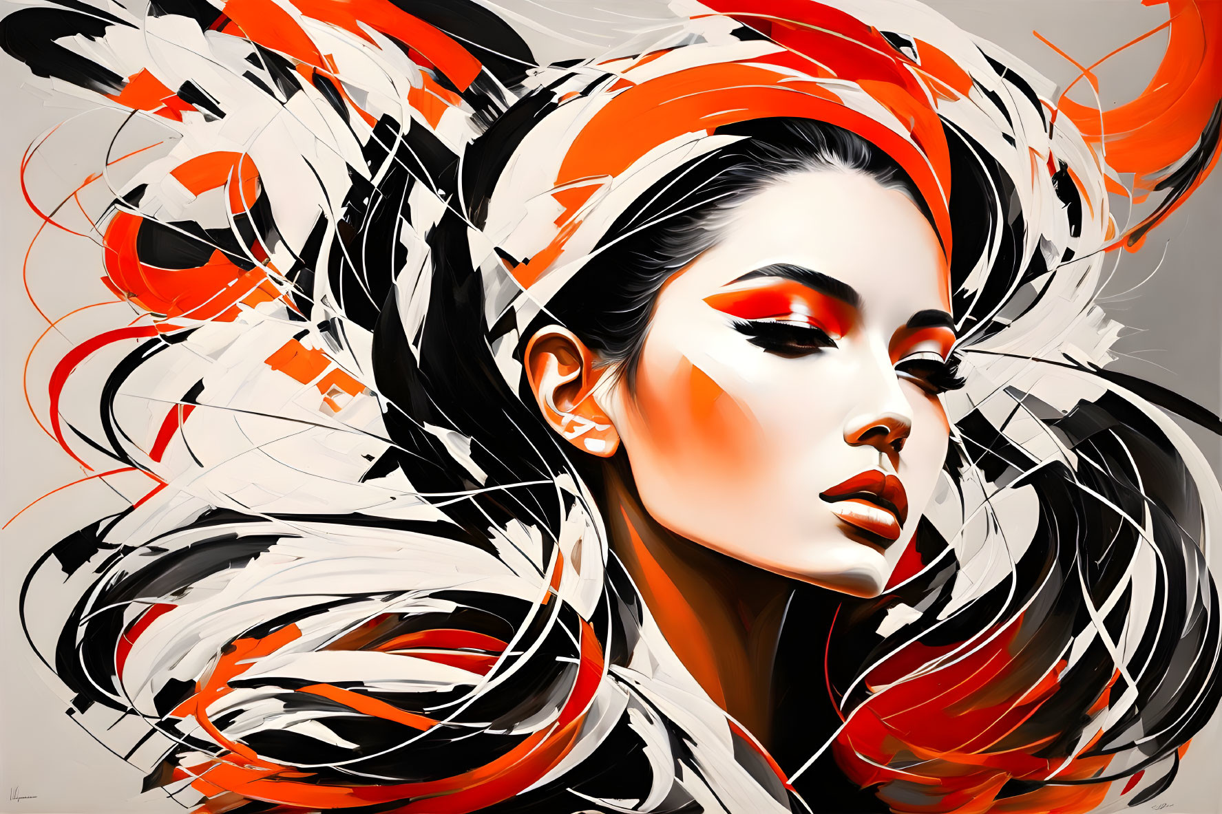 Abstract portrait of woman with flowing hair in red, white, and black color scheme