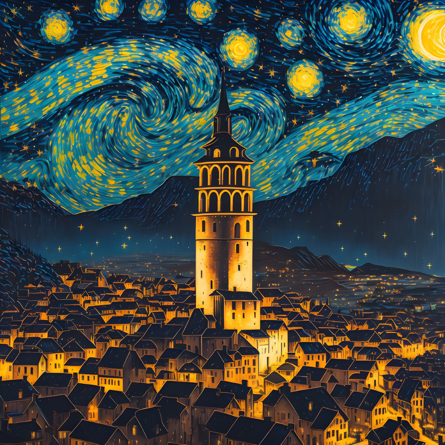 Starry night sky over town with tower in stylized artwork