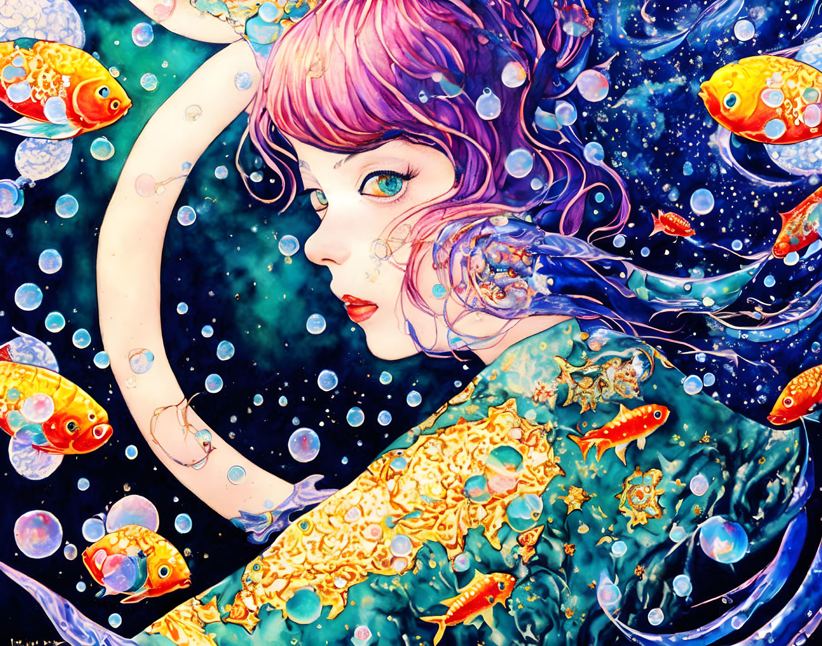 Colorful artwork: girl with pink hair underwater with golden fish & intricate patterns