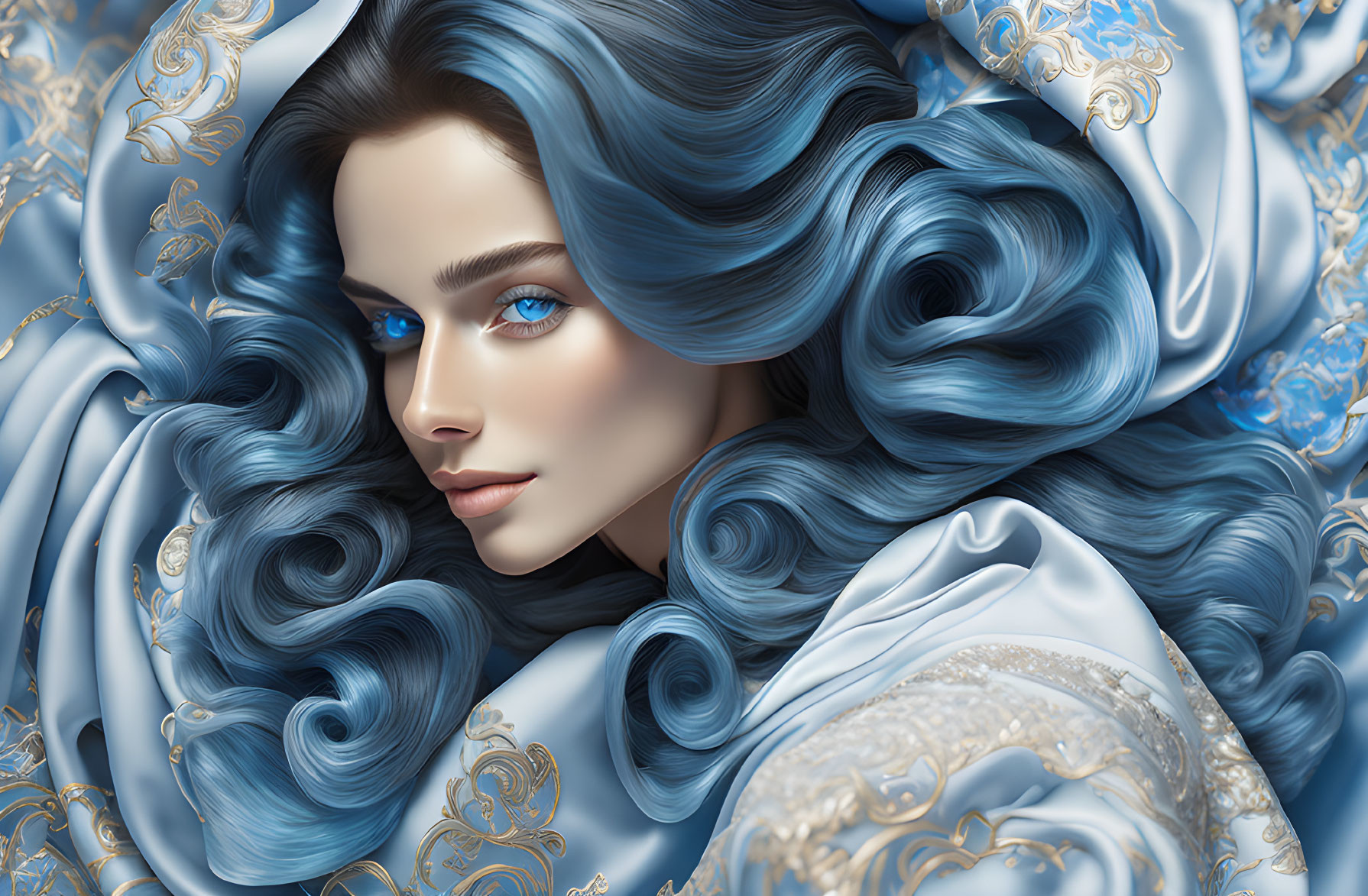 Digital Artwork: Woman with Blue Hair and Eyes in Luxurious Setting