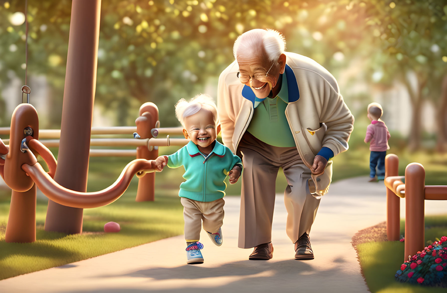 Elderly person and toddler enjoying sunny park stroll