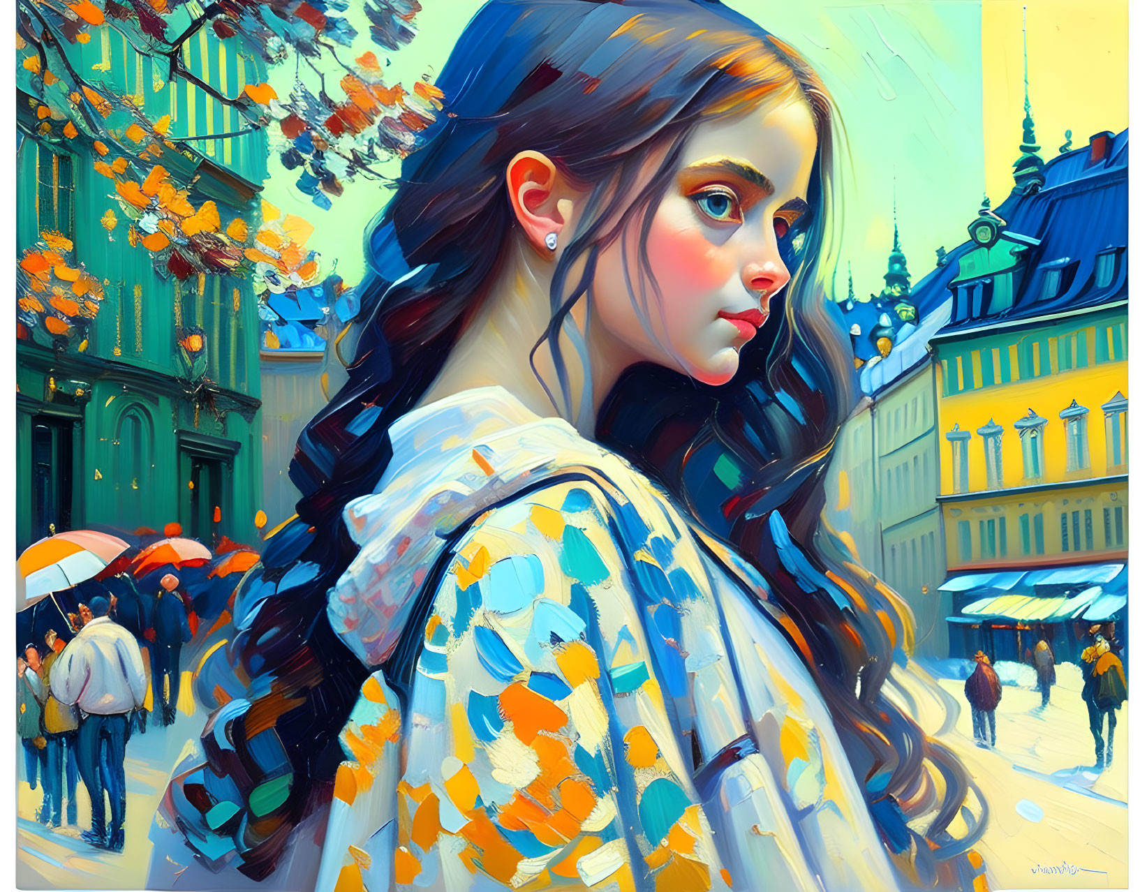 Vivid painting of young woman in cityscape with bright colors