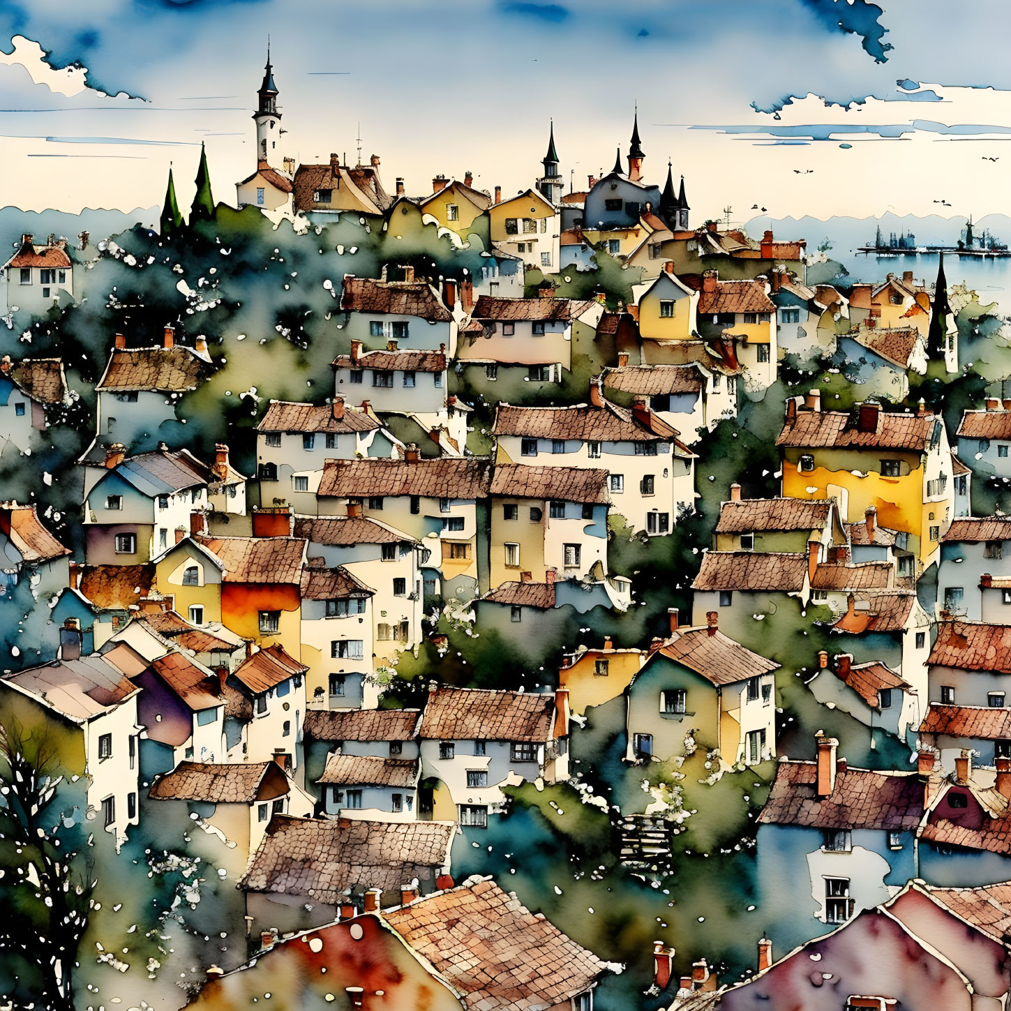 Whimsical multicolored townscape with church spires and trees under cloudy sky