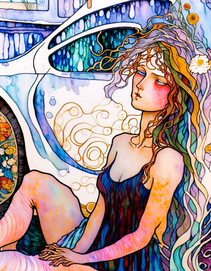 Vibrant abstract illustration of a woman with flowing hair and floral designs