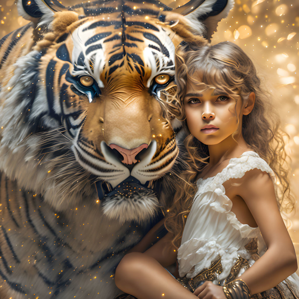 Young girl with wavy hair beside tiger in golden shimmer