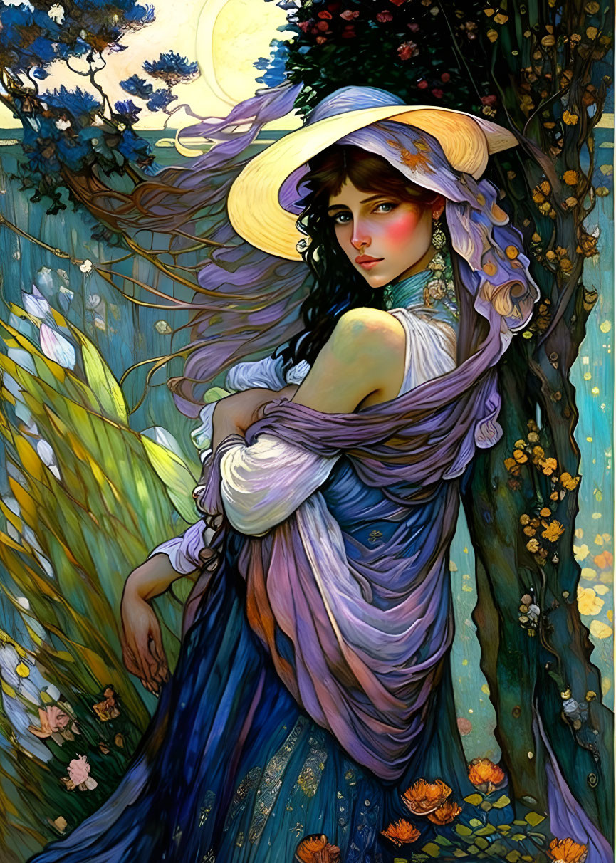 Illustrated woman in purple dress and hat by tree in vibrant floral landscape