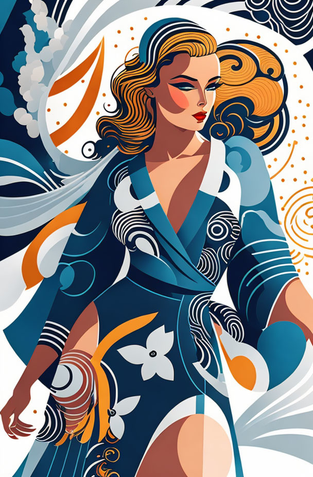 Illustration: Woman with golden hair in blue kimono, abstract designs and waves.