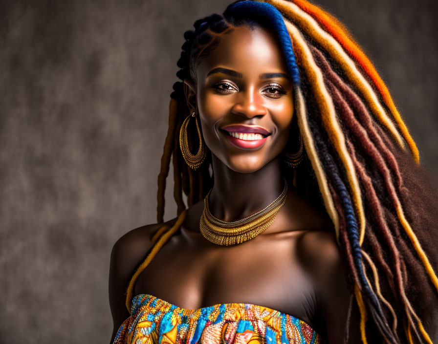 Smiling woman with multicolored headscarf, braids, and gold jewelry on brown backdrop