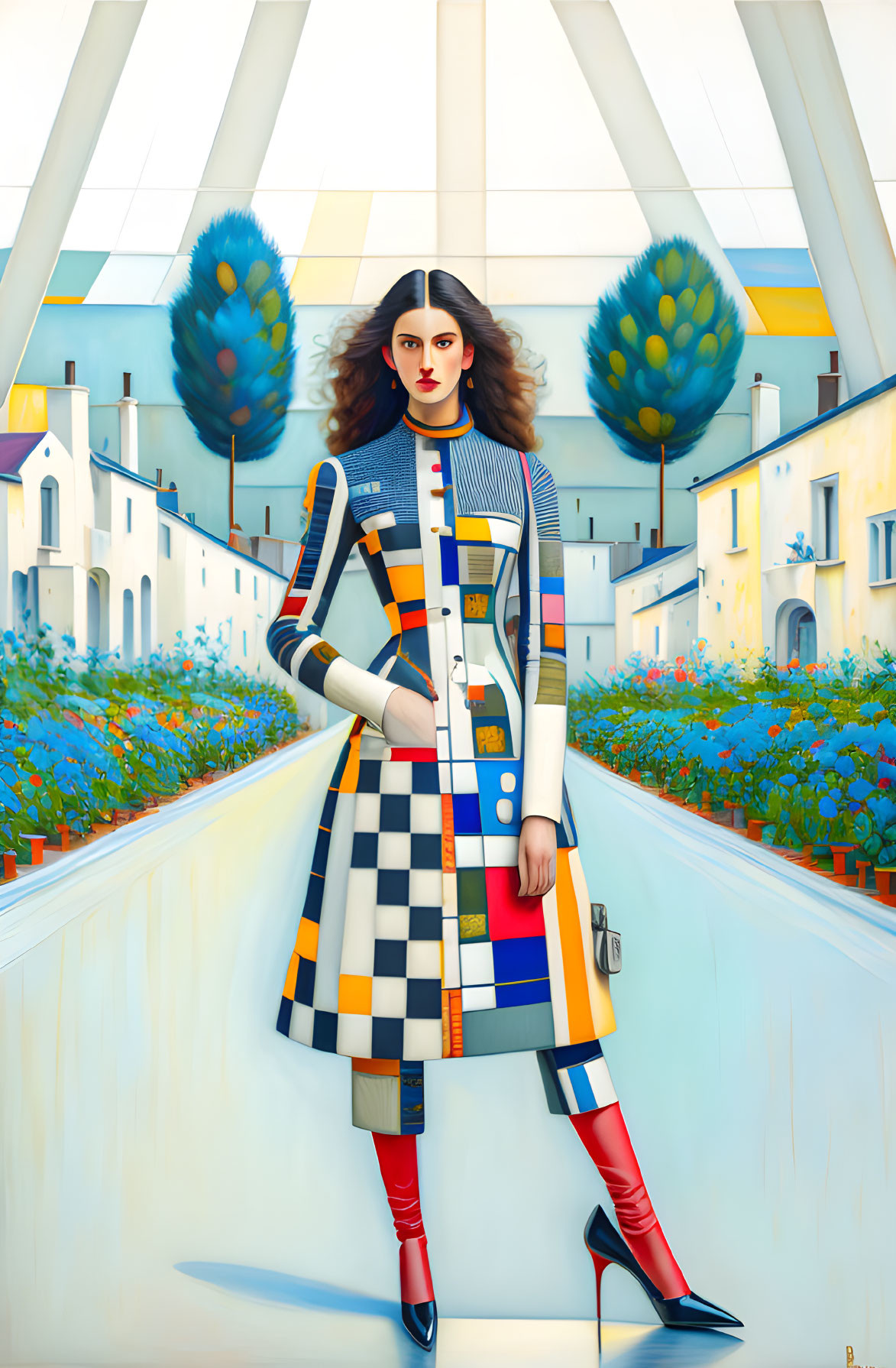 Colorful Geometric Woman Painting on Whimsical Street