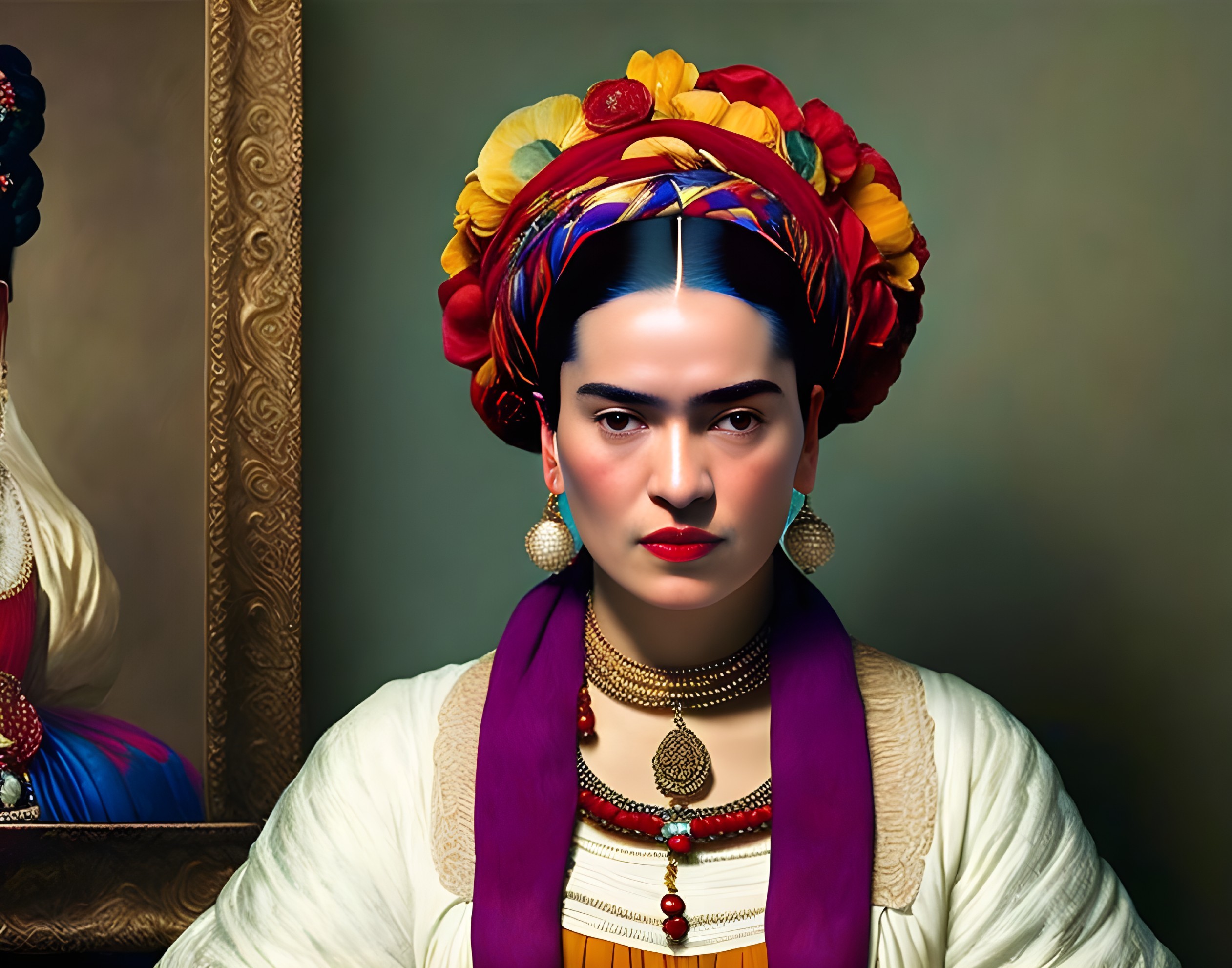 Traditional attire woman with unibrow and headscarf portrait against dark background