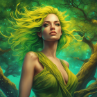 Woman with Vibrant Yellow Hair and Green Eyeshadow Poses in Enchanted Forest