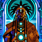 Regal figure with tribal face paint and jewelry in front of vibrant, technologically themed backdrop.