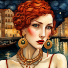 Vibrant red-haired woman portrait in cityscape at night